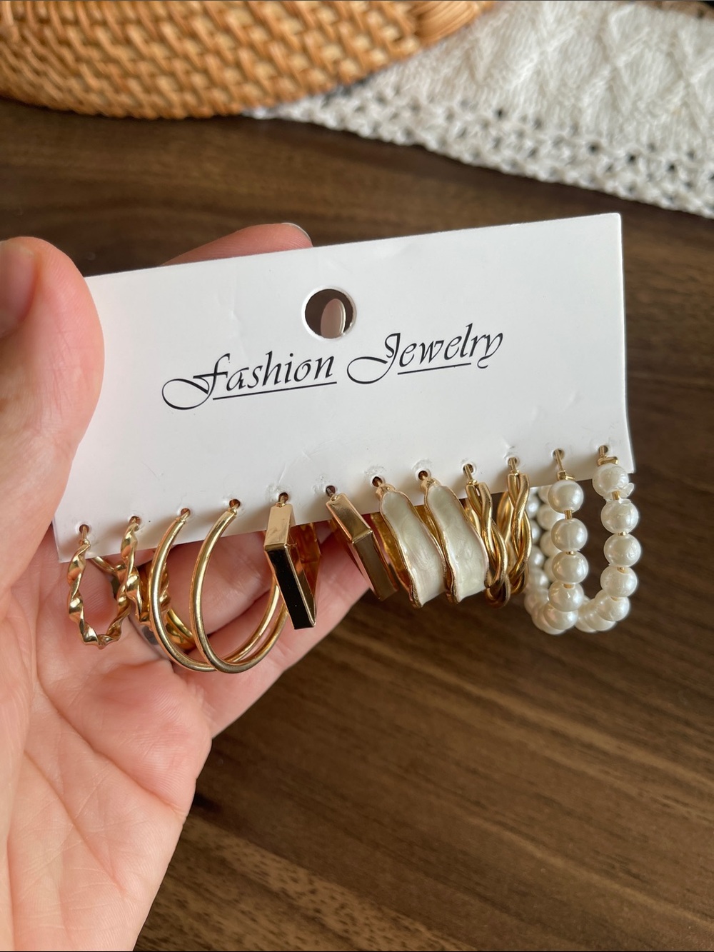 Fashion Jewelry Gold-Tone Mixed Hoop and Faux Pearl Earring Set 7pcs